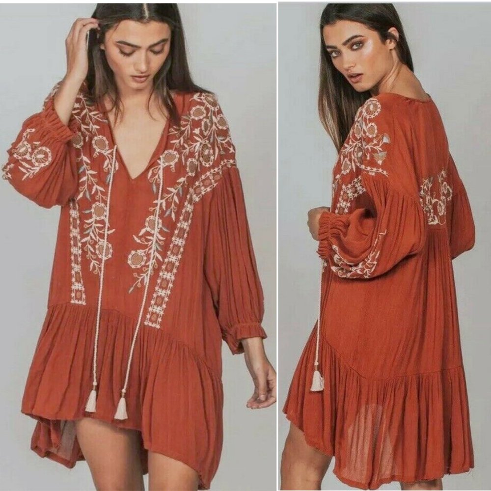 Free People Rust Embroidered Tunic